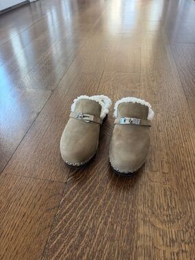 Hermes Tan Suede Shearling Lined Clog Mules with Silver Buckle